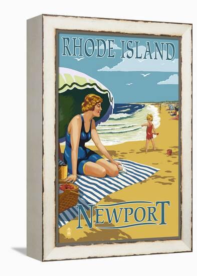 Newport, Rhode Island - Beach Scene-Lantern Press-Framed Stretched Canvas