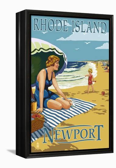 Newport, Rhode Island - Beach Scene-Lantern Press-Framed Stretched Canvas