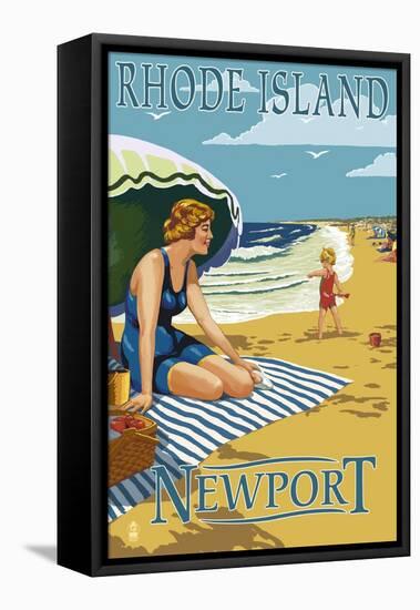 Newport, Rhode Island - Beach Scene-Lantern Press-Framed Stretched Canvas