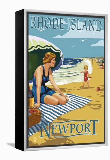 Newport, Rhode Island - Beach Scene-Lantern Press-Framed Stretched Canvas