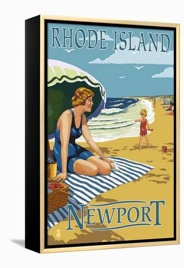 Newport, Rhode Island - Beach Scene-Lantern Press-Framed Stretched Canvas