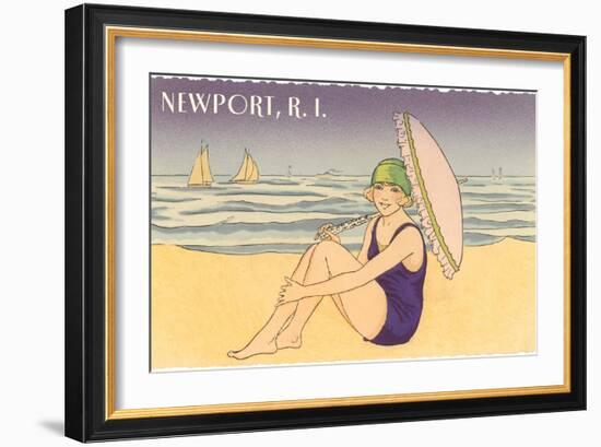 Newport, Rhode Island, Girl on Beach with Parasol-null-Framed Art Print