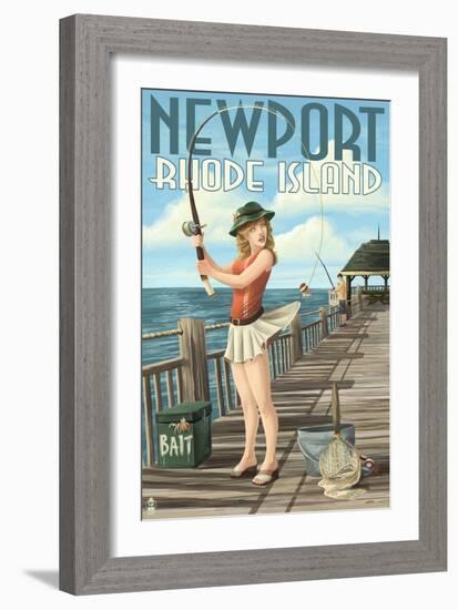 Newport, Rhode Island - Pinup Girl Fishing-Lantern Press-Framed Art Print