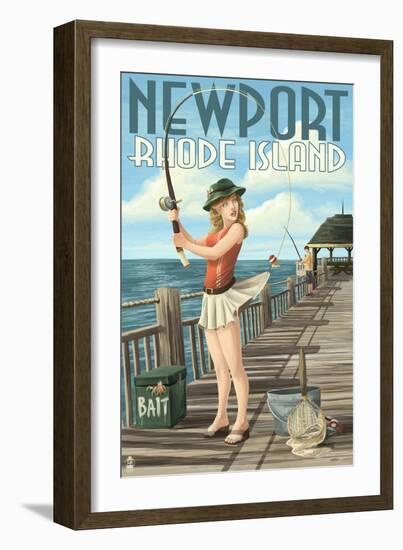 Newport, Rhode Island - Pinup Girl Fishing-Lantern Press-Framed Art Print