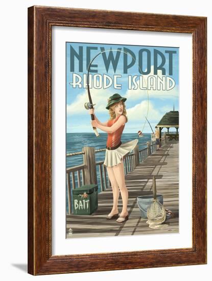 Newport, Rhode Island - Pinup Girl Fishing-Lantern Press-Framed Art Print