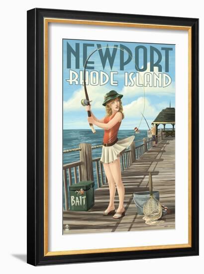 Newport, Rhode Island - Pinup Girl Fishing-Lantern Press-Framed Art Print