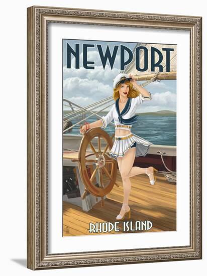 Newport, Rhode Island - Pinup Girl Sailing-Lantern Press-Framed Art Print