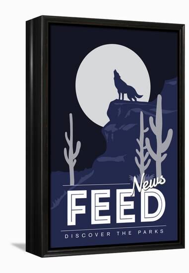 News Feed (Coyote Howling) - Discover the Parks-Lantern Press-Framed Stretched Canvas