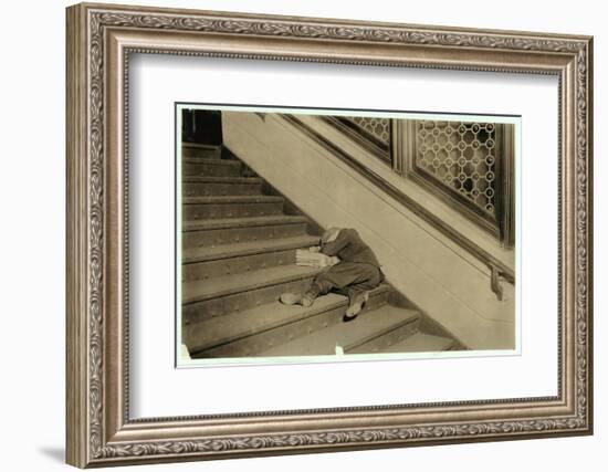 Newsboy Asleep with His Papers in Jersey City, New Jersey, 1912-Lewis Wickes Hine-Framed Photographic Print