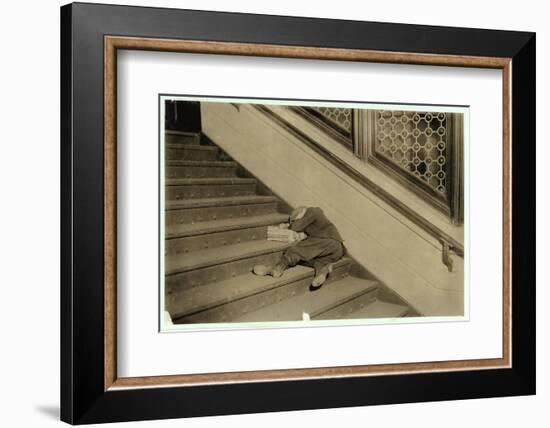 Newsboy Asleep with His Papers in Jersey City, New Jersey, 1912-Lewis Wickes Hine-Framed Photographic Print