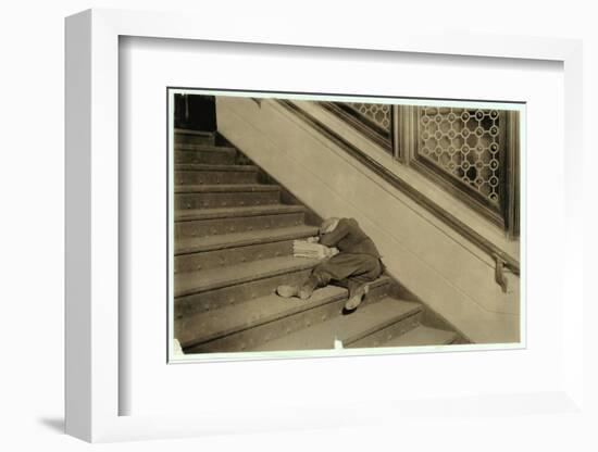 Newsboy Asleep with His Papers in Jersey City, New Jersey, 1912-Lewis Wickes Hine-Framed Photographic Print