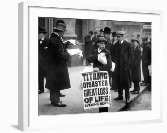 Newsboy Ned Parfett Announcing the Sinking of the 'Titanic' Outside the Offices of the White Star…-null-Framed Photographic Print