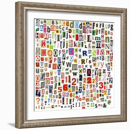 Newspaper Alphabet With Letters, Numbers And Symbols. Isolated On White-donatas1205-Framed Art Print