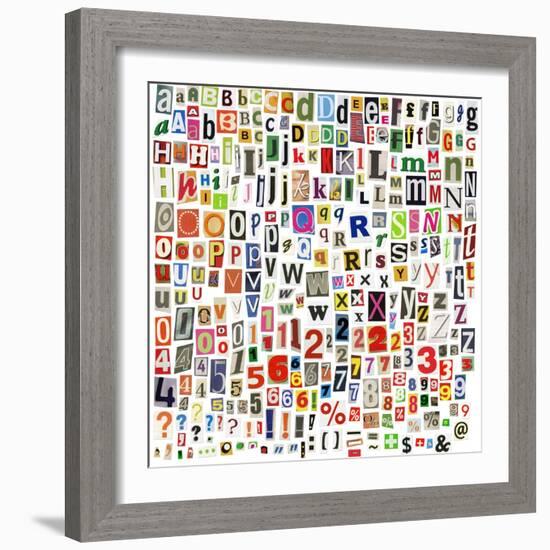 Newspaper Alphabet With Letters, Numbers And Symbols. Isolated On White-donatas1205-Framed Art Print