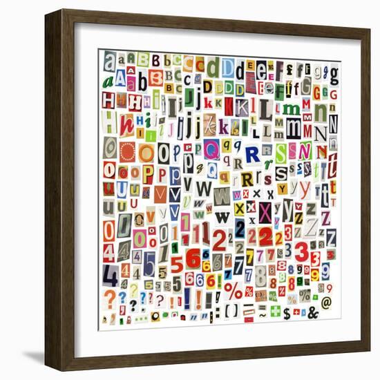 Newspaper Alphabet With Letters, Numbers And Symbols. Isolated On White-donatas1205-Framed Art Print