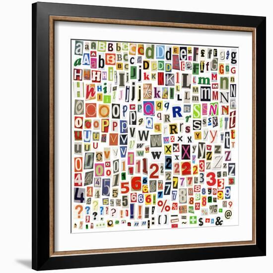 Newspaper Alphabet With Letters, Numbers And Symbols. Isolated On White-donatas1205-Framed Art Print