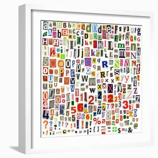 Newspaper Alphabet With Letters, Numbers And Symbols. Isolated On White-donatas1205-Framed Art Print