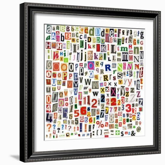 Newspaper Alphabet With Letters, Numbers And Symbols. Isolated On White-donatas1205-Framed Art Print