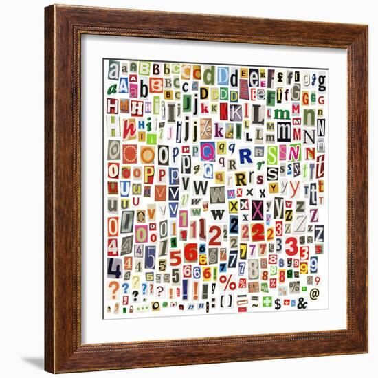 Newspaper Alphabet With Letters, Numbers And Symbols. Isolated On White-donatas1205-Framed Premium Giclee Print