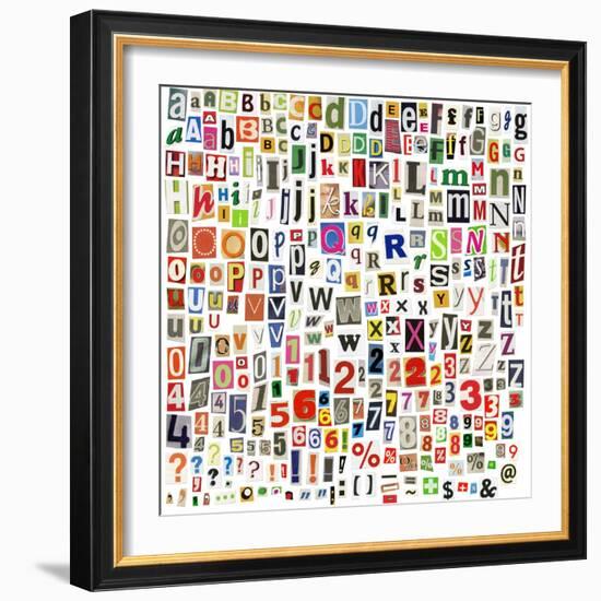 Newspaper Alphabet With Letters, Numbers And Symbols. Isolated On White-donatas1205-Framed Premium Giclee Print