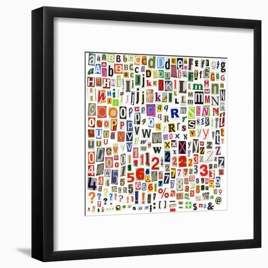 Newspaper Alphabet With Letters, Numbers And Symbols. Isolated On White-donatas1205-Framed Art Print