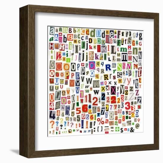 Newspaper Alphabet With Letters, Numbers And Symbols. Isolated On White-donatas1205-Framed Art Print