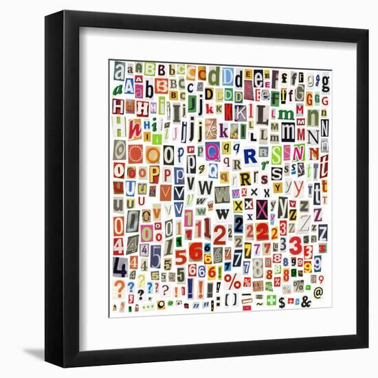 Newspaper Alphabet With Letters, Numbers And Symbols. Isolated On White-donatas1205-Framed Art Print