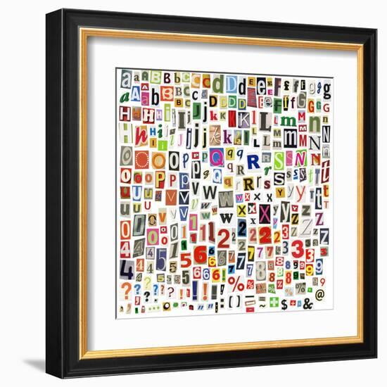 Newspaper Alphabet With Letters, Numbers And Symbols. Isolated On White-donatas1205-Framed Art Print