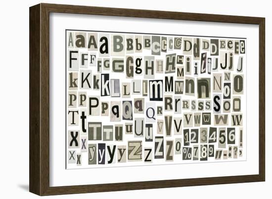 Newspaper Alphabet With Letters, Numbers And Symbols. Isolated On White-donatas1205-Framed Art Print