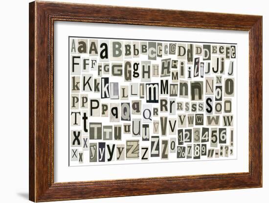 Newspaper Alphabet With Letters, Numbers And Symbols. Isolated On White-donatas1205-Framed Art Print