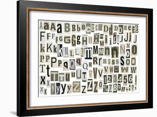 Newspaper Alphabet With Letters, Numbers And Symbols. Isolated On White-donatas1205-Framed Art Print