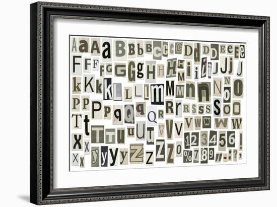 Newspaper Alphabet With Letters, Numbers And Symbols. Isolated On White-donatas1205-Framed Art Print