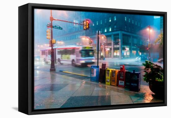 Newspaper stands during rain storm in downtown Philadelphia, Pennsylvania-null-Framed Premier Image Canvas