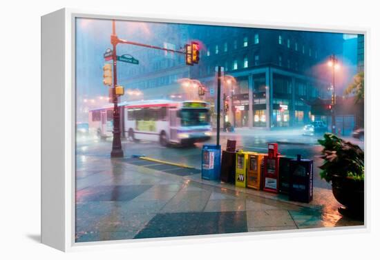 Newspaper stands during rain storm in downtown Philadelphia, Pennsylvania-null-Framed Premier Image Canvas