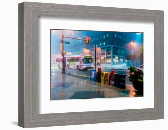 Newspaper stands during rain storm in downtown Philadelphia, Pennsylvania-null-Framed Photographic Print