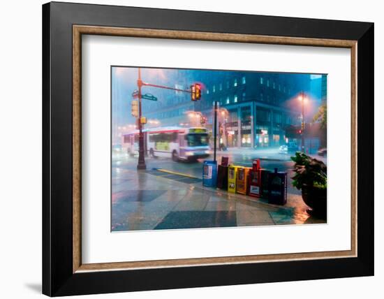 Newspaper stands during rain storm in downtown Philadelphia, Pennsylvania-null-Framed Photographic Print
