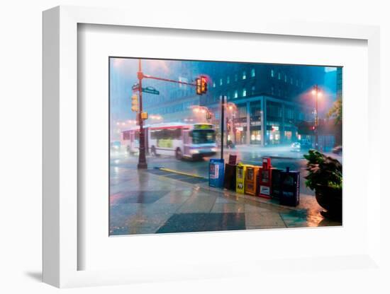 Newspaper stands during rain storm in downtown Philadelphia, Pennsylvania-null-Framed Photographic Print