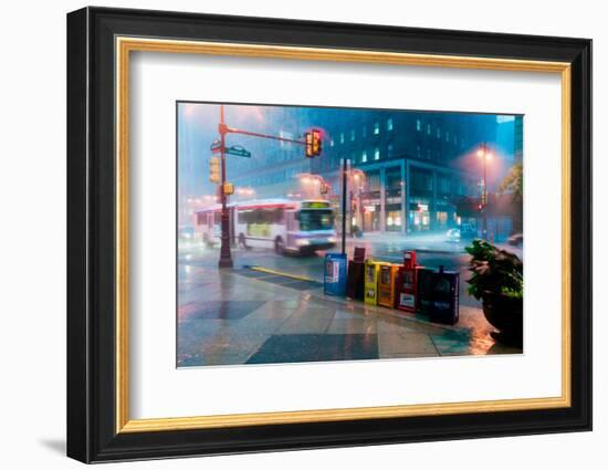 Newspaper stands during rain storm in downtown Philadelphia, Pennsylvania-null-Framed Photographic Print