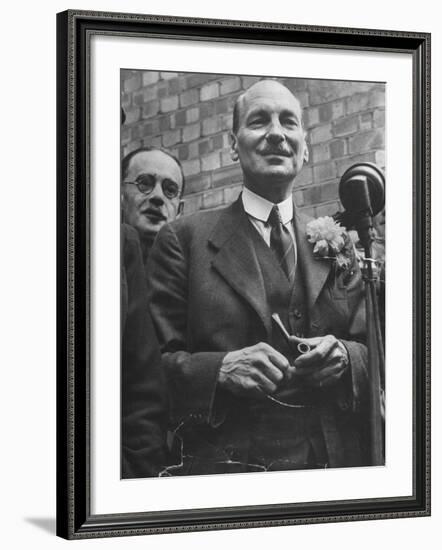 Next Prime Minister Clement Attlee, Greeting Newsreel Personnel-Bob Landry-Framed Photographic Print