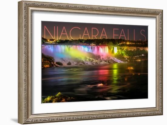 Niagara Falls - American Falls and Rainbow Lights-Lantern Press-Framed Art Print