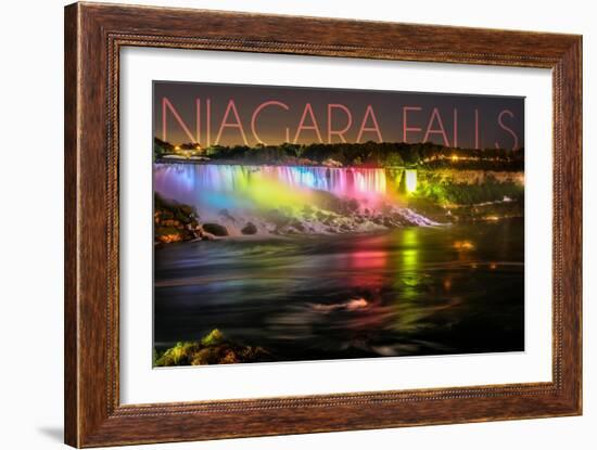 Niagara Falls - American Falls and Rainbow Lights-Lantern Press-Framed Art Print