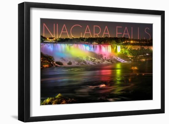 Niagara Falls - American Falls and Rainbow Lights-Lantern Press-Framed Art Print