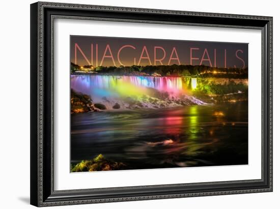 Niagara Falls - American Falls and Rainbow Lights-Lantern Press-Framed Art Print