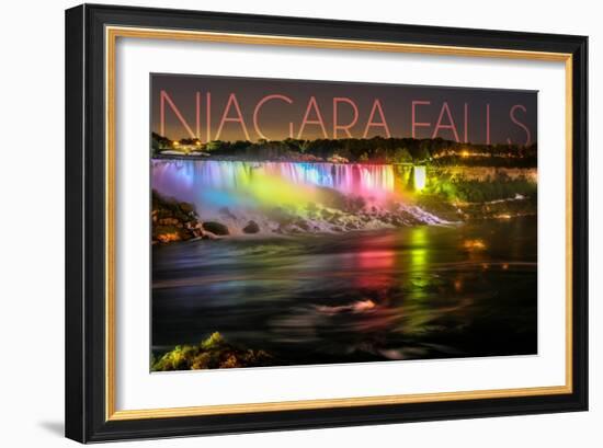 Niagara Falls - American Falls and Rainbow Lights-Lantern Press-Framed Art Print