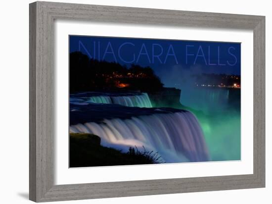 Niagara Falls - Falls and Green Lights at Night-Lantern Press-Framed Art Print