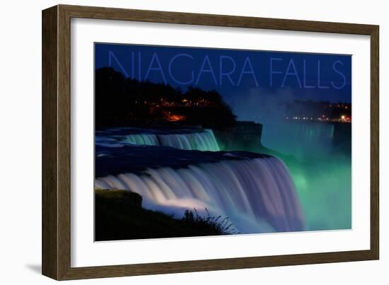 Niagara Falls - Falls and Green Lights at Night-Lantern Press-Framed Art Print