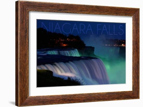 Niagara Falls - Falls and Green Lights at Night-Lantern Press-Framed Art Print