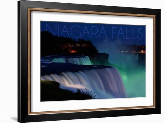 Niagara Falls - Falls and Green Lights at Night-Lantern Press-Framed Art Print
