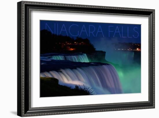 Niagara Falls - Falls and Green Lights at Night-Lantern Press-Framed Art Print