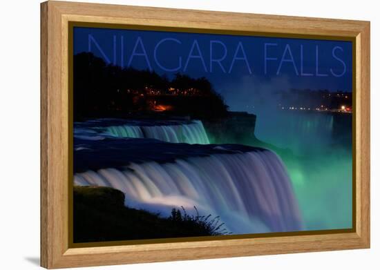 Niagara Falls - Falls and Green Lights at Night-Lantern Press-Framed Stretched Canvas